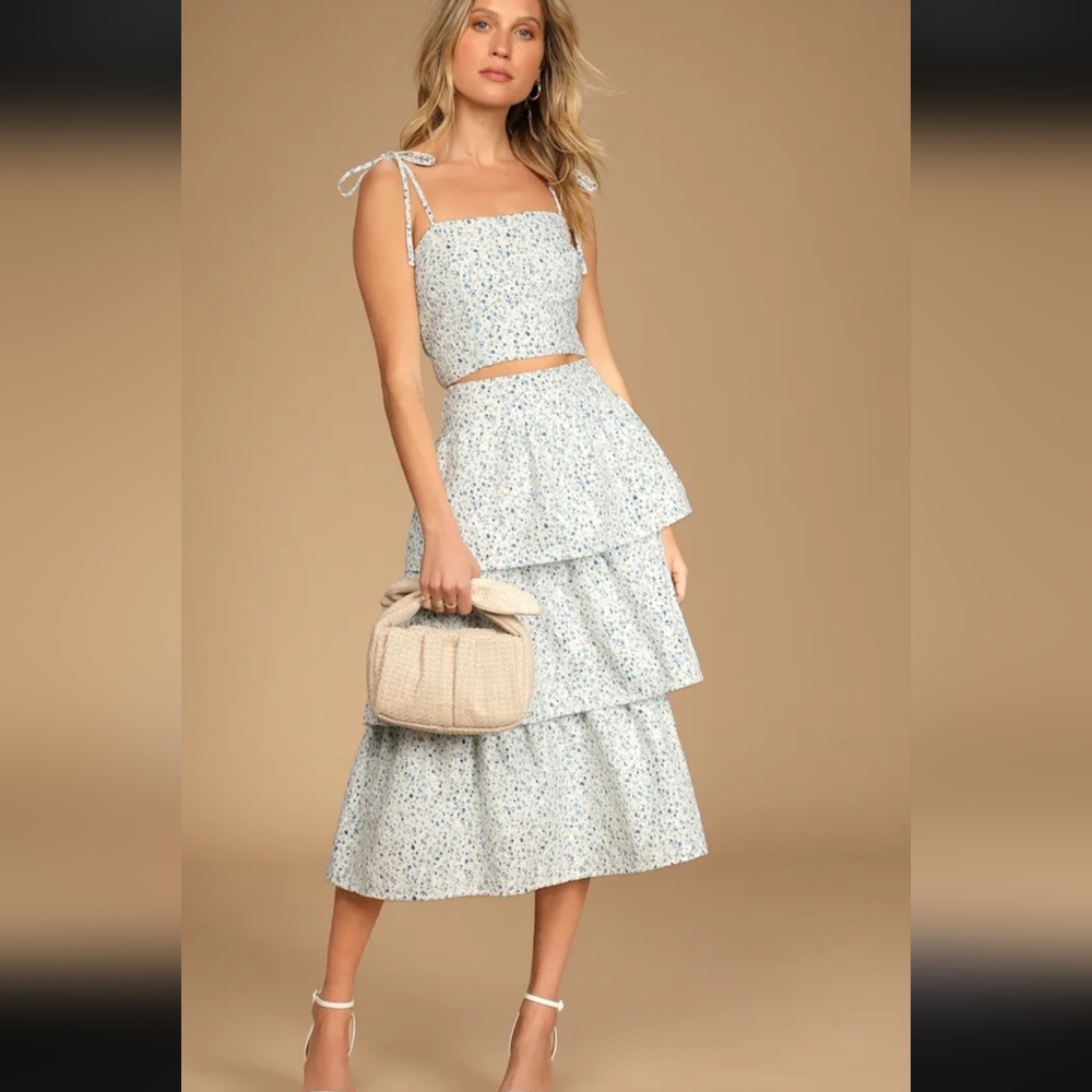 Lulus Top Tier Babe Blue Floral Embroidered Sleeveless Midi  Two-Piece Dress